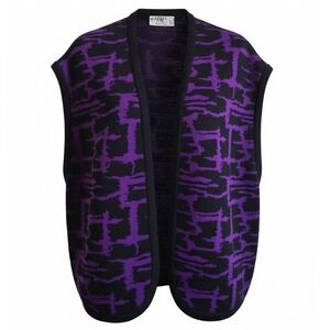 JAEGER 34 Vintage Black Purple Wool Knit Sleeveless Vest Cardigan Sweater Boho
